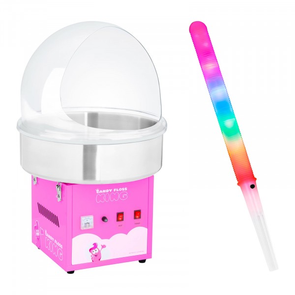 Macchina per zucchero filato Set con bastoncini LED e cupola paraschizzi - 52 cm - 1.200 W - rosa