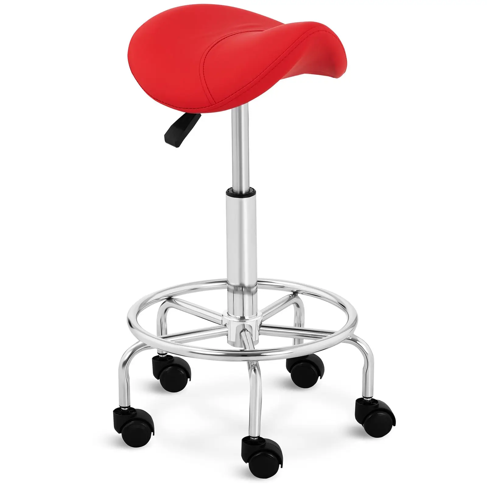 Sgabello per estetiste e parrucchieri - Con rotelle e sella di cavallo - 570 - 690 mm - 150 kg - Red